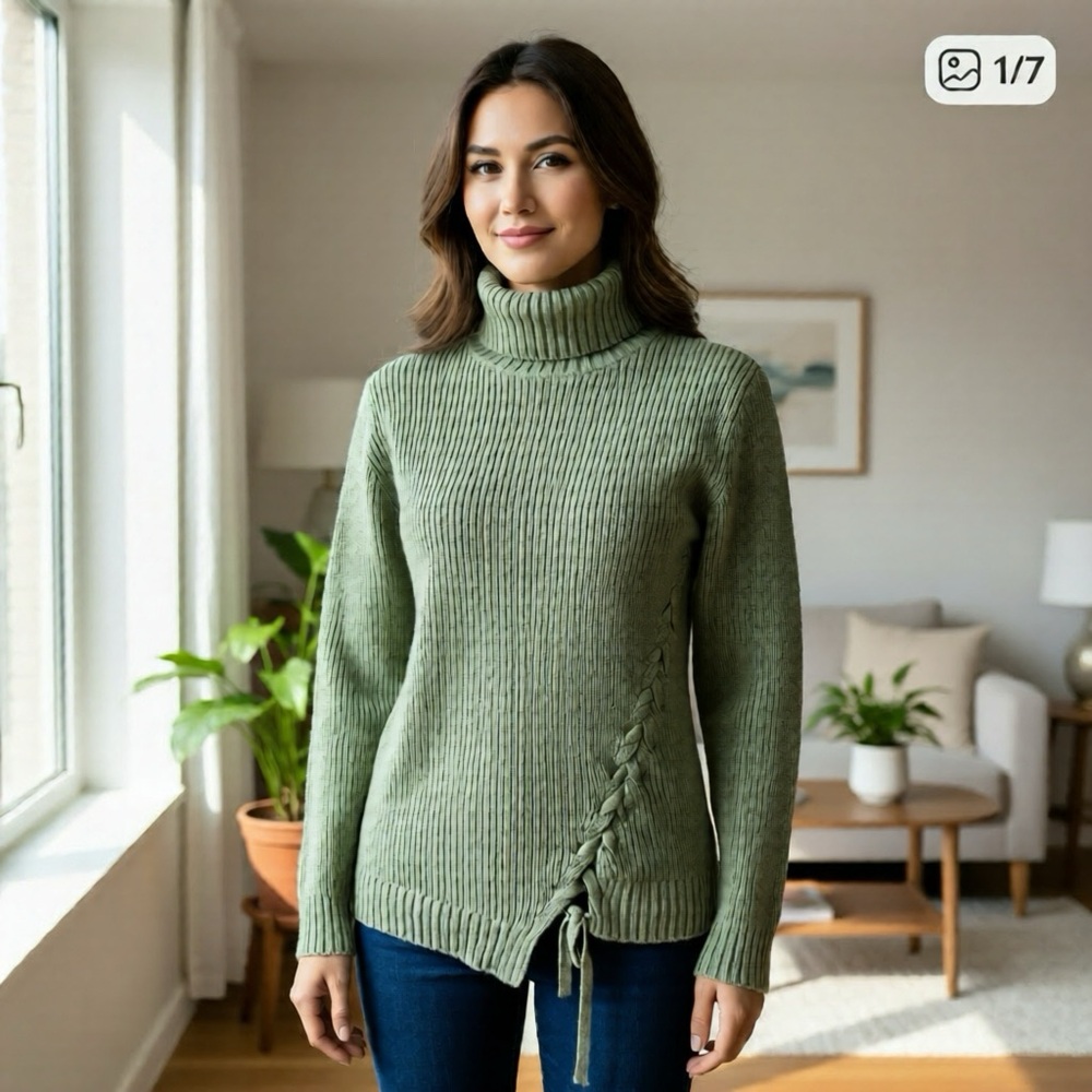 MINKPINK | Green Turtleneck Lace Up Chunky Knit Sweater Sz S